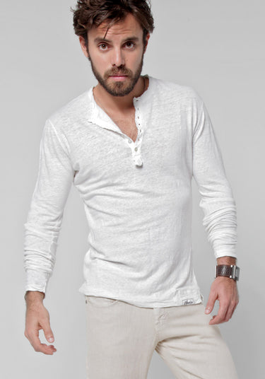 Jersey Linen Fitted Long Sleeve Henley T-Shirt in white