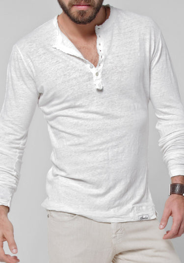 Jersey Linen Fitted Long Sleeve Henley T-Shirt in white
