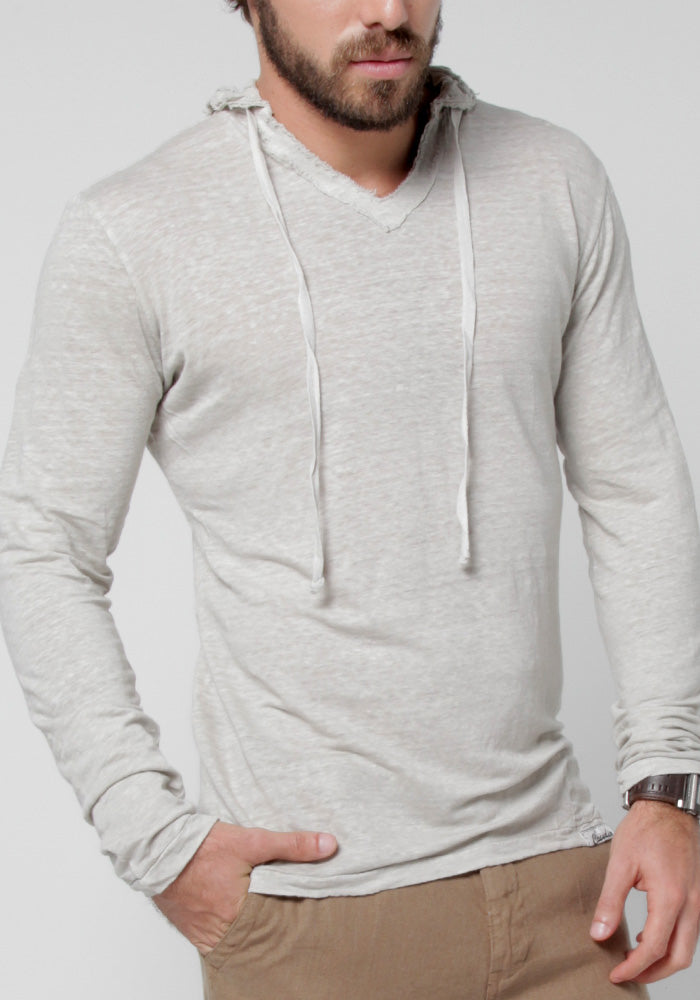 Men's Linen Long Sleeve Hoodie T-Shirt | Italian Style Jersey Linen, Fitted and Comfortable, Item #1118 S / White