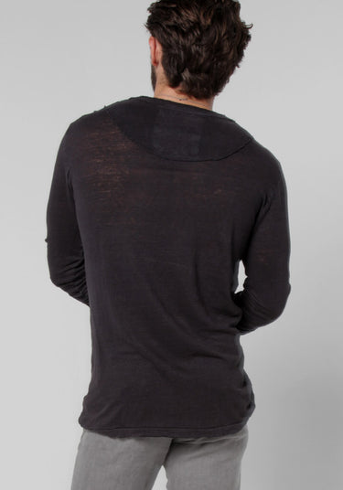 Jersey Linen Fitted Long Sleeve V-Neck T-Shirt in black 2