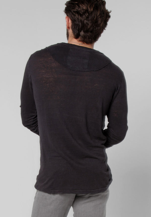 Jersey Linen Fitted Long Sleeve V-Neck T-Shirt in black 2