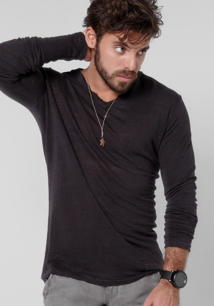 JERSEY LINEN FITTED LONG SLEEVE V-NECK T-SHIRT S to XXXL - Claudio Milano 