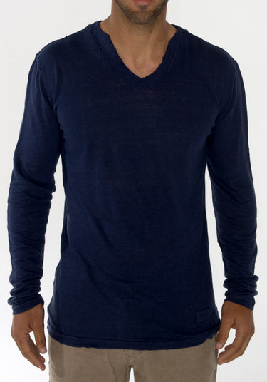 Jersey Linen Fitted Long Sleeve V-Neck T-Shirt in navy blue
