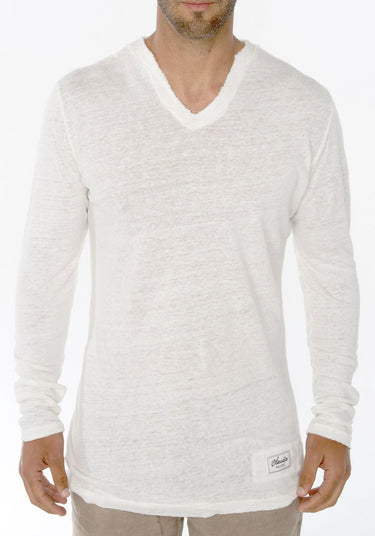 Jersey Linen Fitted Long Sleeve V-Neck T-Shirt in white