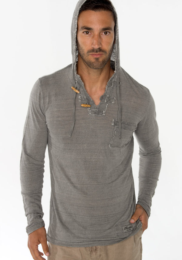JERSEY LINEN LONG SLEEVE HOODIE T-SHIRT WITH POCKET AND WOODEN FASTENERS S to XXXL - Claudio Milano 