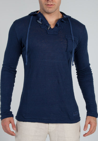 Jersey Linen Long Sleeve Hoodie With Pocket & Wooden Fasteners in navy blue