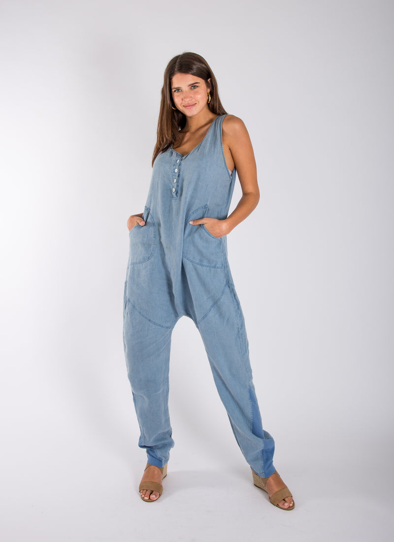 #8703 Linen Clothing 100% Natural Italian Style Drop Crotch Jumpsuit