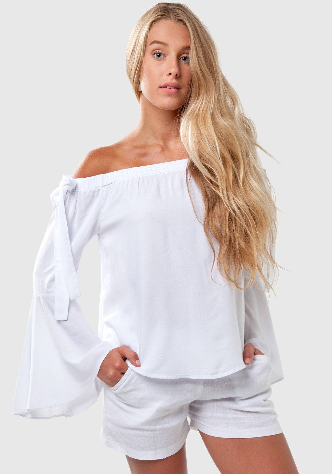 100% Linen Off The Shoulder Top With Bell Sleeves S to XXXL - Claudio Milano 