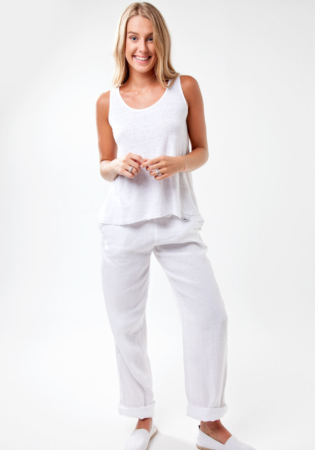 100% Linen Plain Uneven Tank Top in White S to XXXL - Claudio Milano 