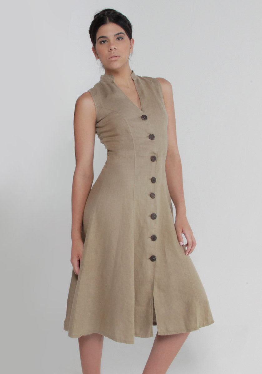 100% Linen Dress with Coconut Buttons and Moa Collar S to XXXL - Claudio Milano 