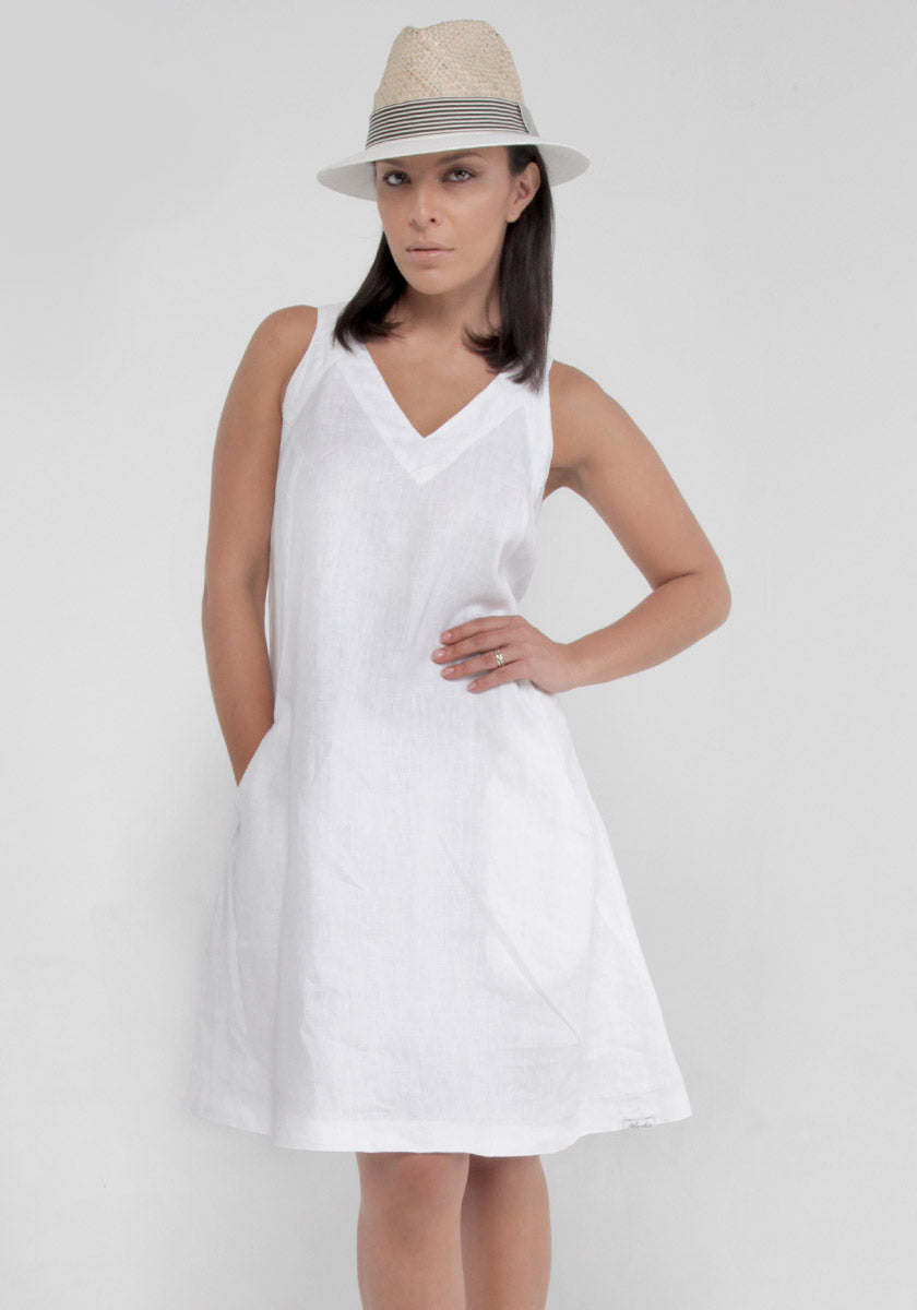 100% Linen Sleeveless V-Neck Dress with Pockets S to XXXL - Claudio Milano