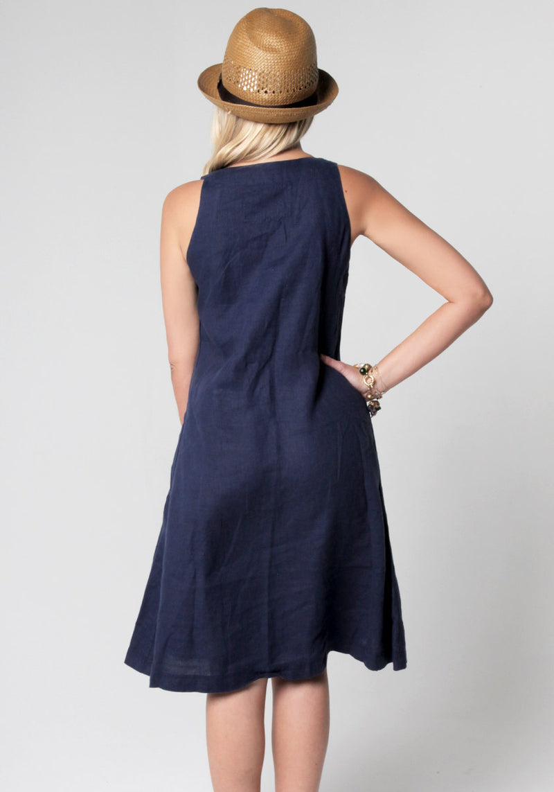 100% Linen Sleeveless V-Neck Dress with Pockets S to XXXL - Claudio Milano 