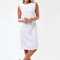 100% Linen Elegant Body-Con Dress with Jewel Neckline in White S to XXXL - Claudio Milano 