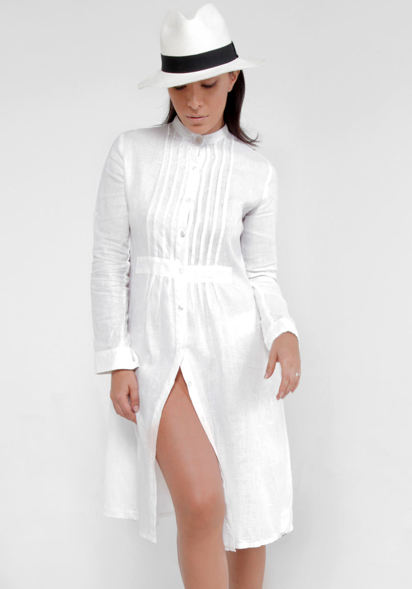 100% Linen Pleated Button-Down Dress S to XXXL - Claudio Milano