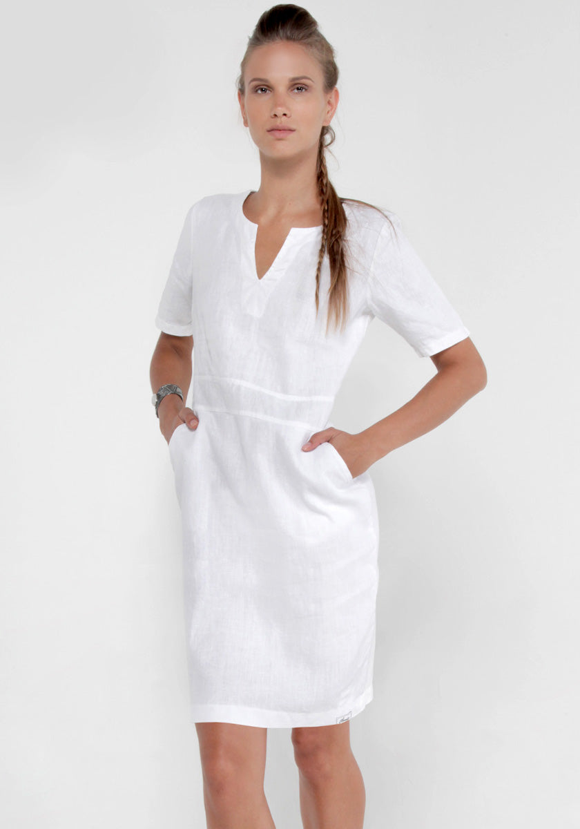 100% Linen V-Neck Dress With Pockets and Half Sleeves in White S to XXXL - Claudio Milano