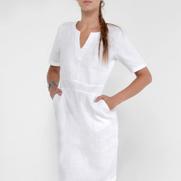 White linen v neck dress hot sale