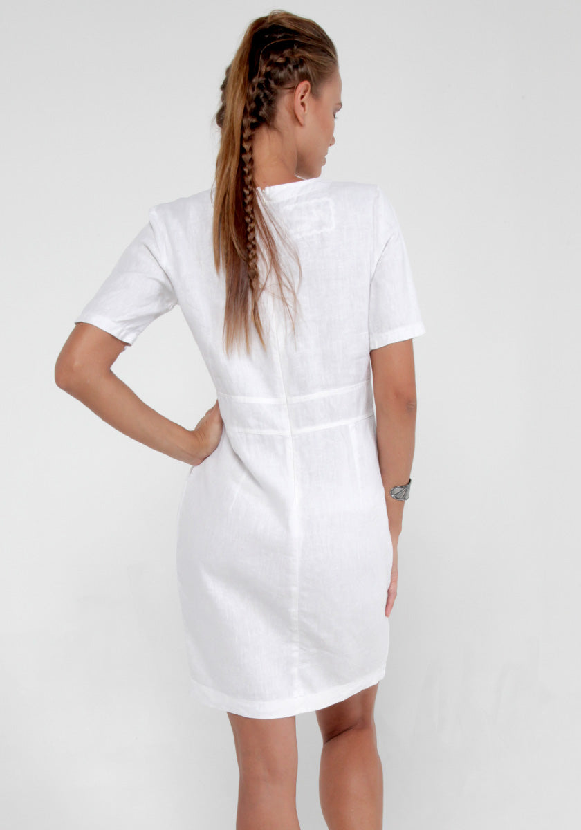 100% Linen V-Neck Dress With Pockets and Half Sleeves in White S to XXXL - Claudio Milano