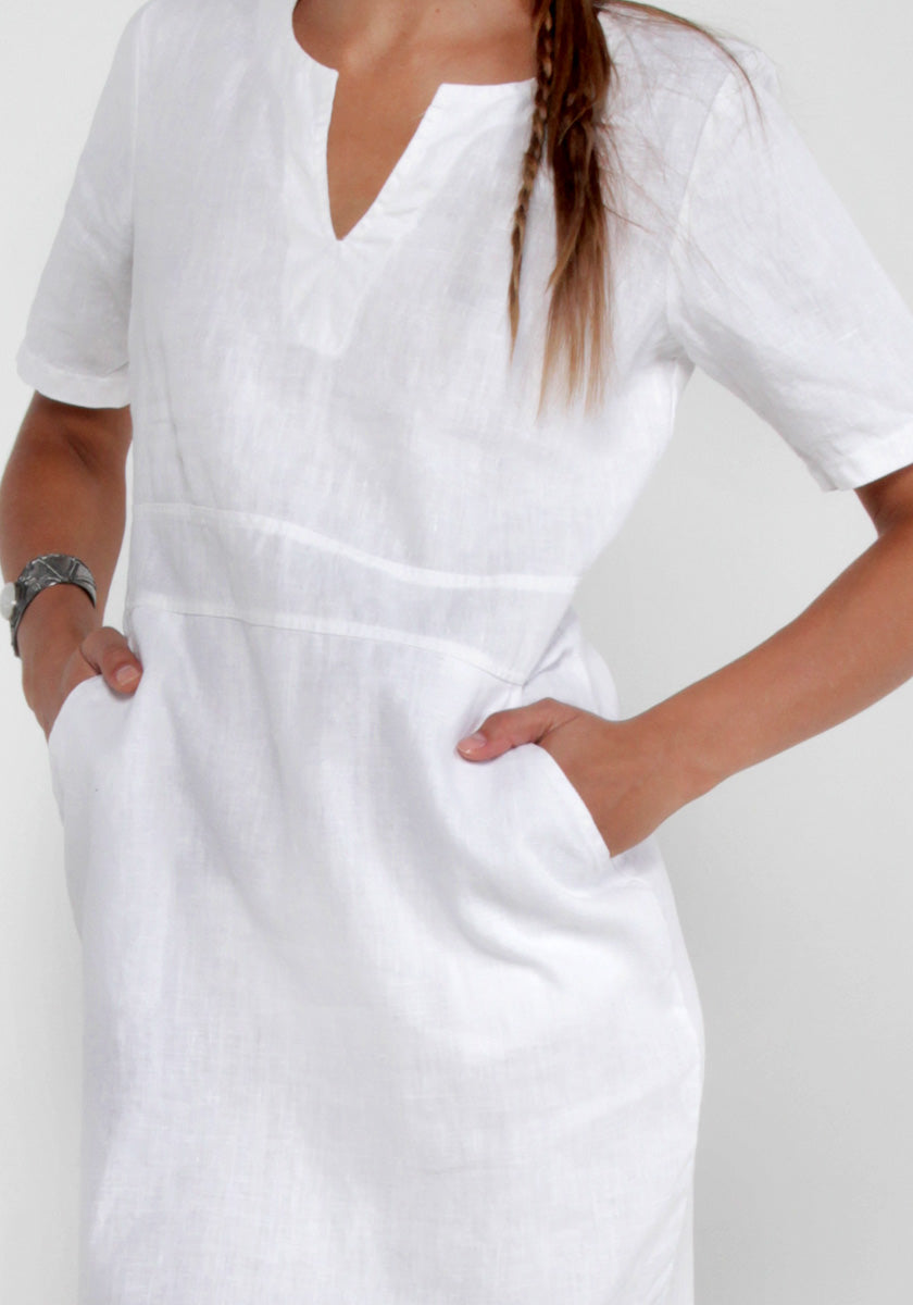 100% Linen V-Neck Dress With Pockets and Half Sleeves in White S to XXXL - Claudio Milano 