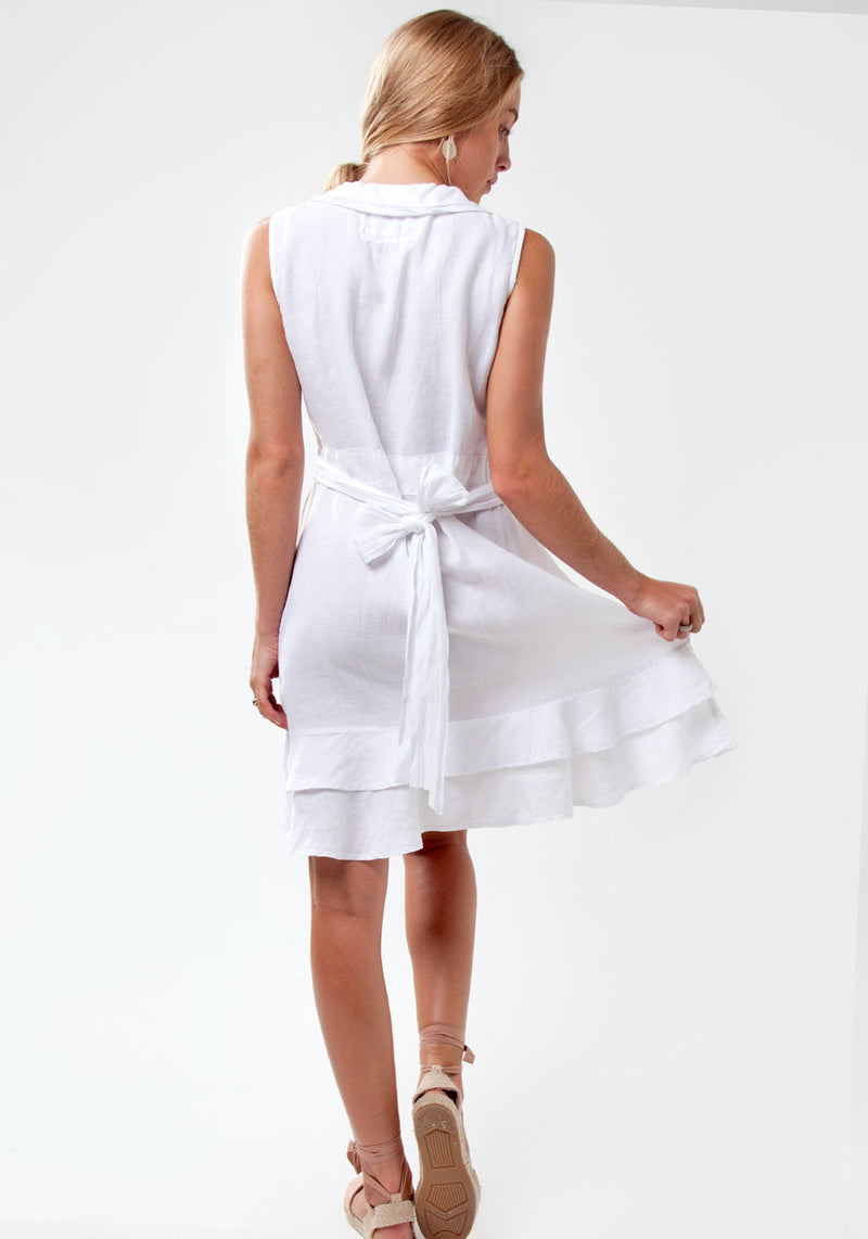 100% Linen Wrap Dress With Soft Ruffles And Waist Tie S to XXXL - Claudio Milano 