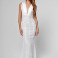 100% Linen Cut & Sew Plunge-Neck Maxi Dress in White S to XXXL - Claudio Milano 