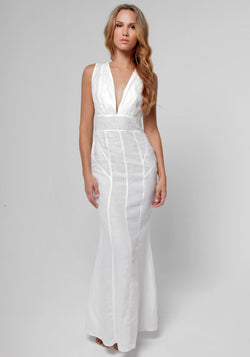 100% Linen Cut & Sew Plunge-Neck Maxi Dress in White S to XXXL - Claudio Milano 