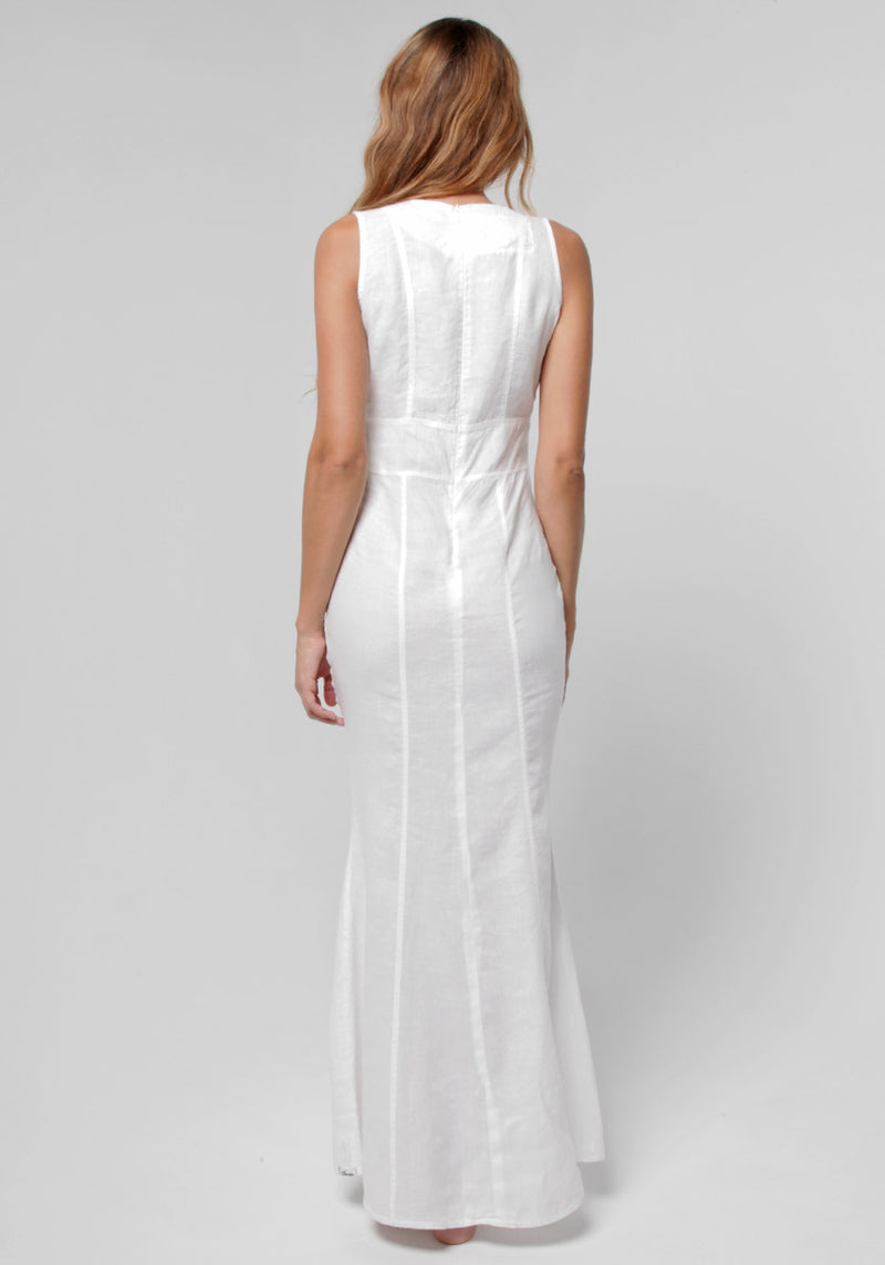 100% Linen Cut & Sew Plunge-Neck Maxi Dress in White S to XXXL - Claudio Milano 
