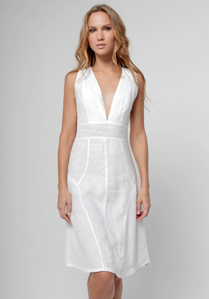 8394 Linen Dress for Women - White, Aqua, Blue, Green All 100% Natural  Italian Style Deep-V Dress With Button Details