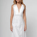 100% Linen Cut & Sew Plunge-Neck Knee-Length Dress in White S to XXXL - Claudio Milano 
