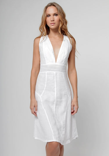 100% Linen Cut & Sew Plunge-Neck Knee-Length Dress in White S to XXXL - Claudio Milano 