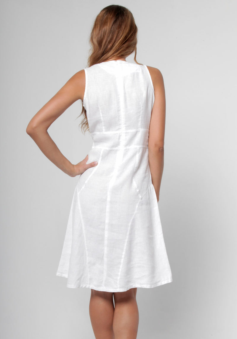 100% Linen Cut & Sew Plunge-Neck Knee-Length Dress in White S to XXXL - Claudio Milano 