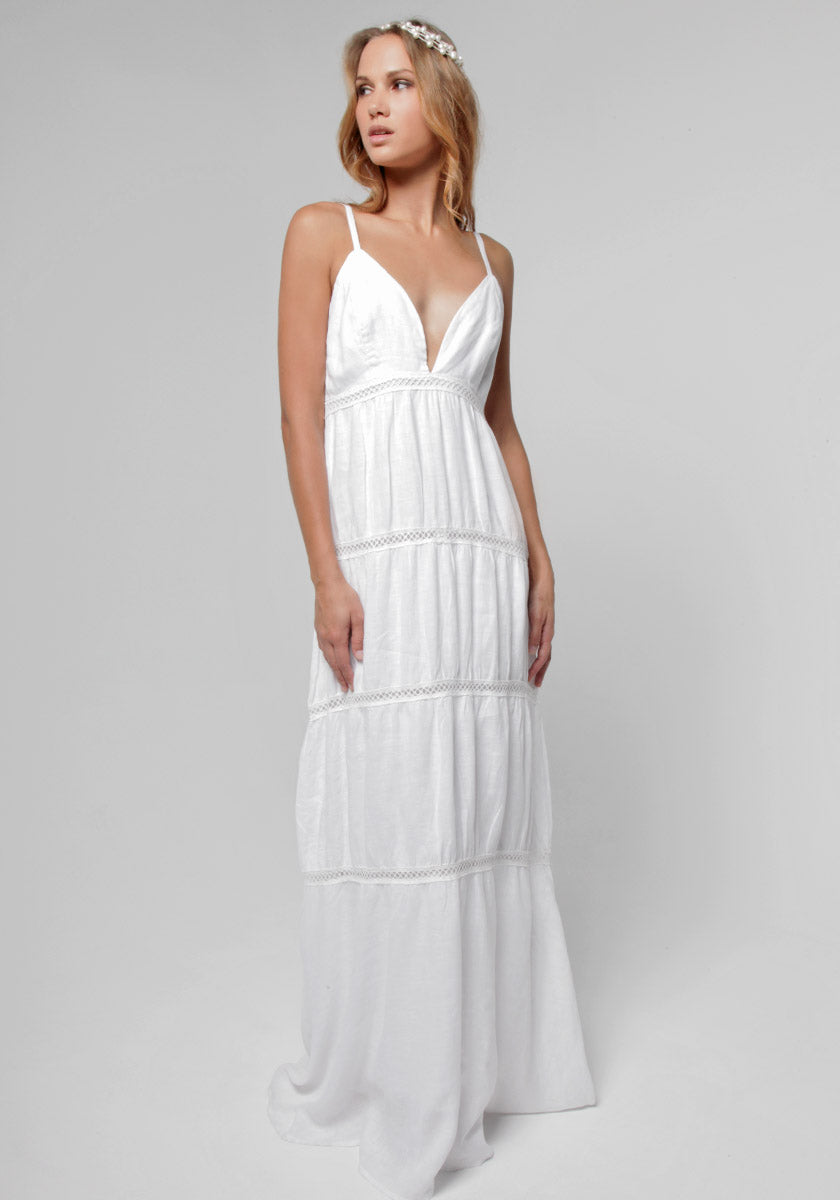100% Linen Goddess Thin Laced Low-Back Maxi in White S to XXXL - Claudio Milano 