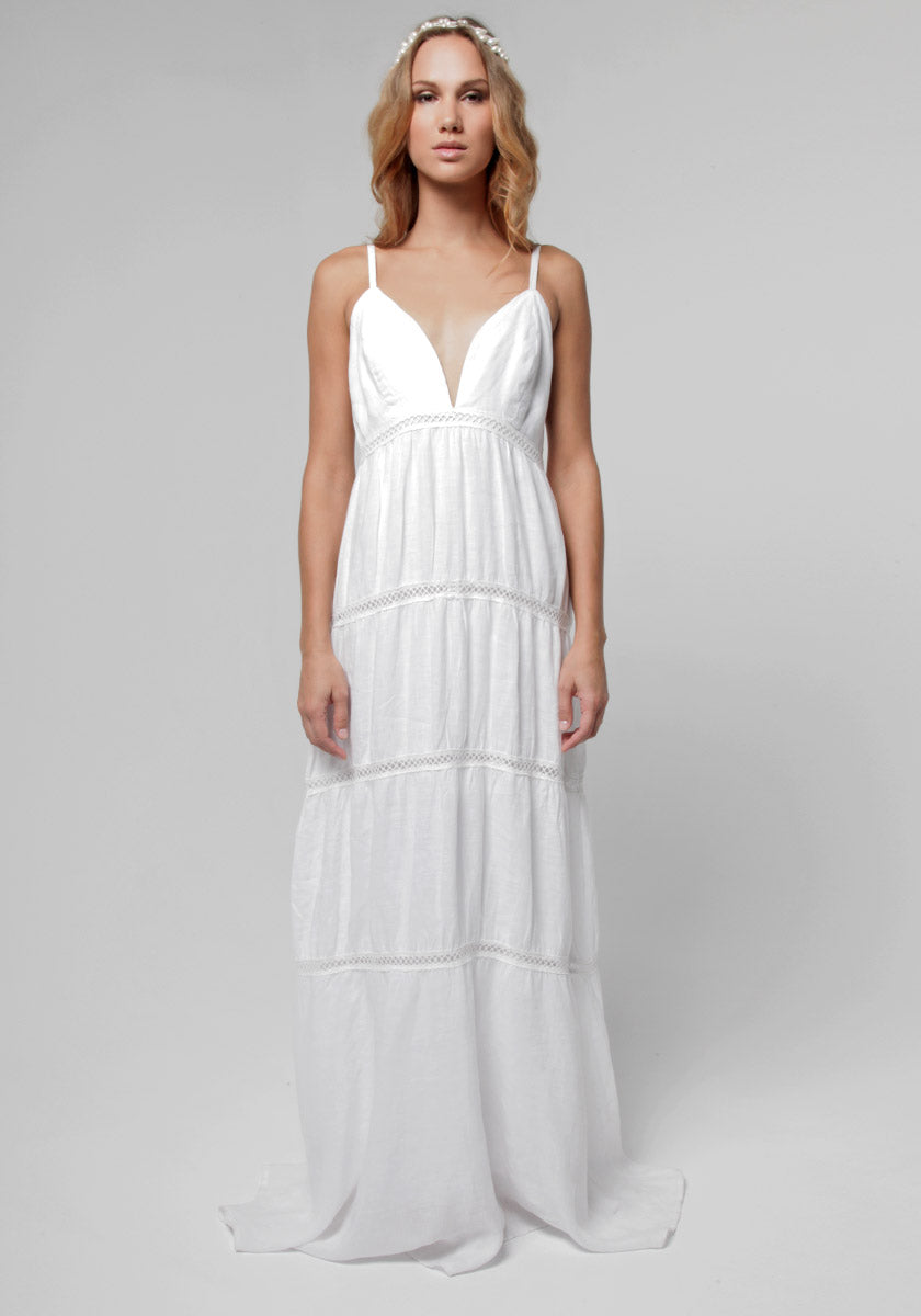 100% Linen Goddess Thin Laced Low-Back Maxi in White S to XXXL - Claudio Milano