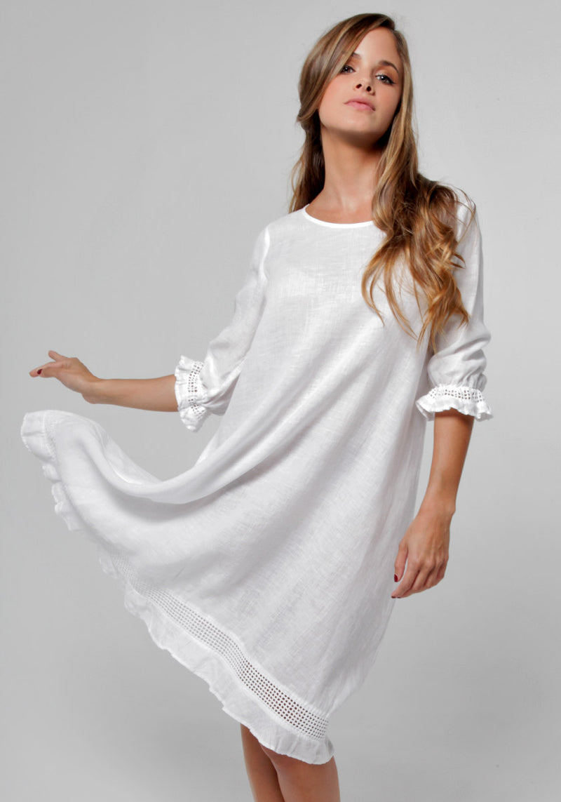 Women's Linen Banded 3/4 Sleeve Moo Dress | 100% Natural Italian Style ...