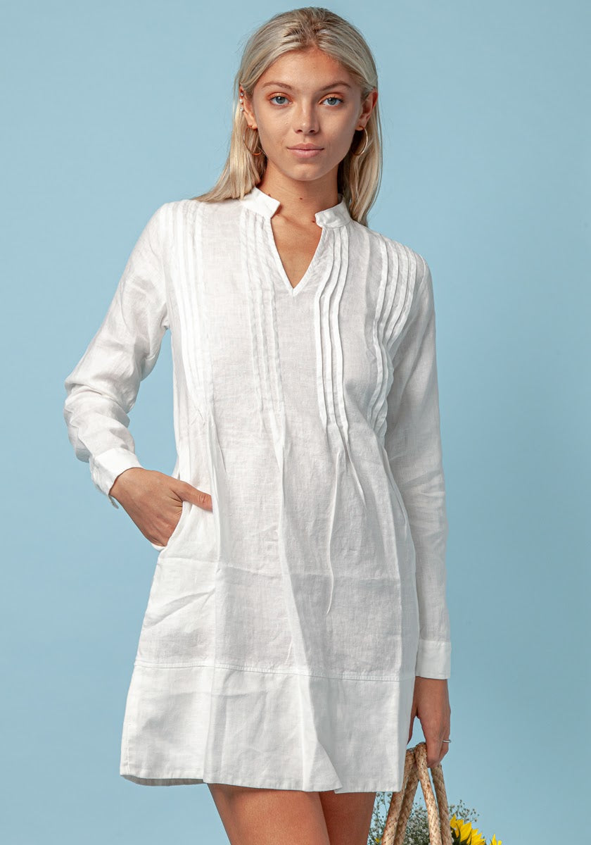 Oversized Linen Shirt Dress With Mandarin Collar & Thin Pleats