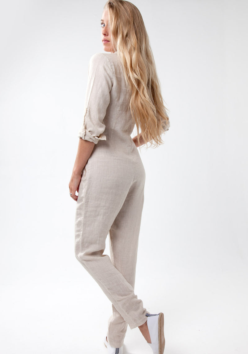 Italian Style Zip-Up Long Fitted Linen Jumpsuit | 100% Natural 