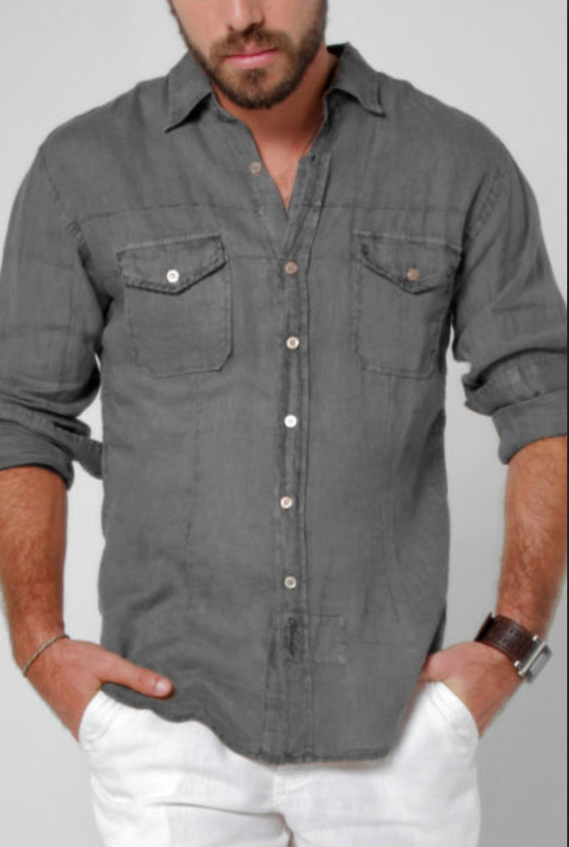 Italian Style Button-down Linen Shirt With Hand-stitching