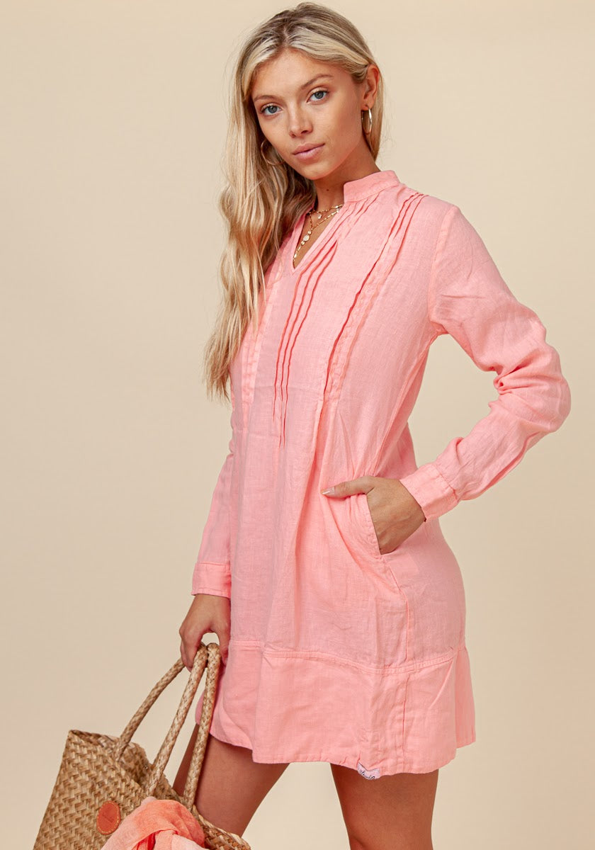 Oversized Linen Shirt Dress With Mandarin Collar & Thin Pleats