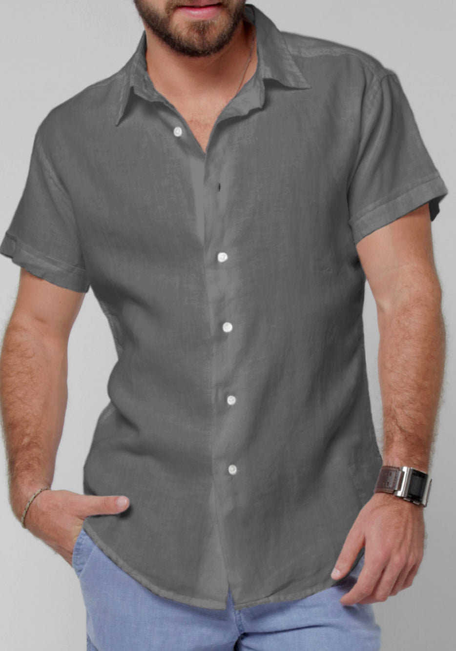 Men's Italian Style Regular Fit Short Sleeve Button Down Linen Shirt ...