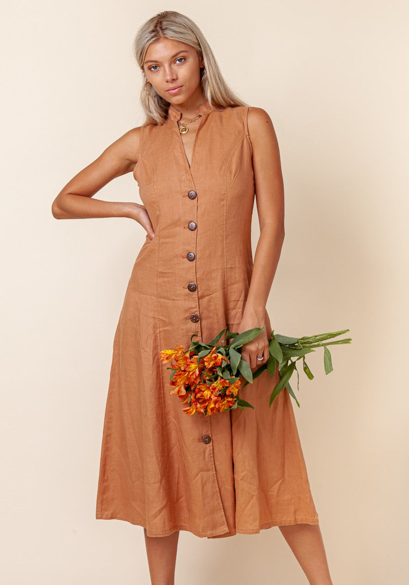 Linen Dress With Coconut Buttons & Mao Collar