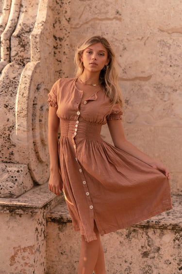 100% Linen Button Down Short Sleeve Peasant Dress S to XXXL - Claudio Milano 