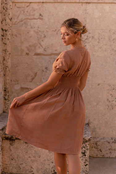 100% Linen Button Down Short Sleeve Peasant Dress S to XXXL - Claudio Milano 