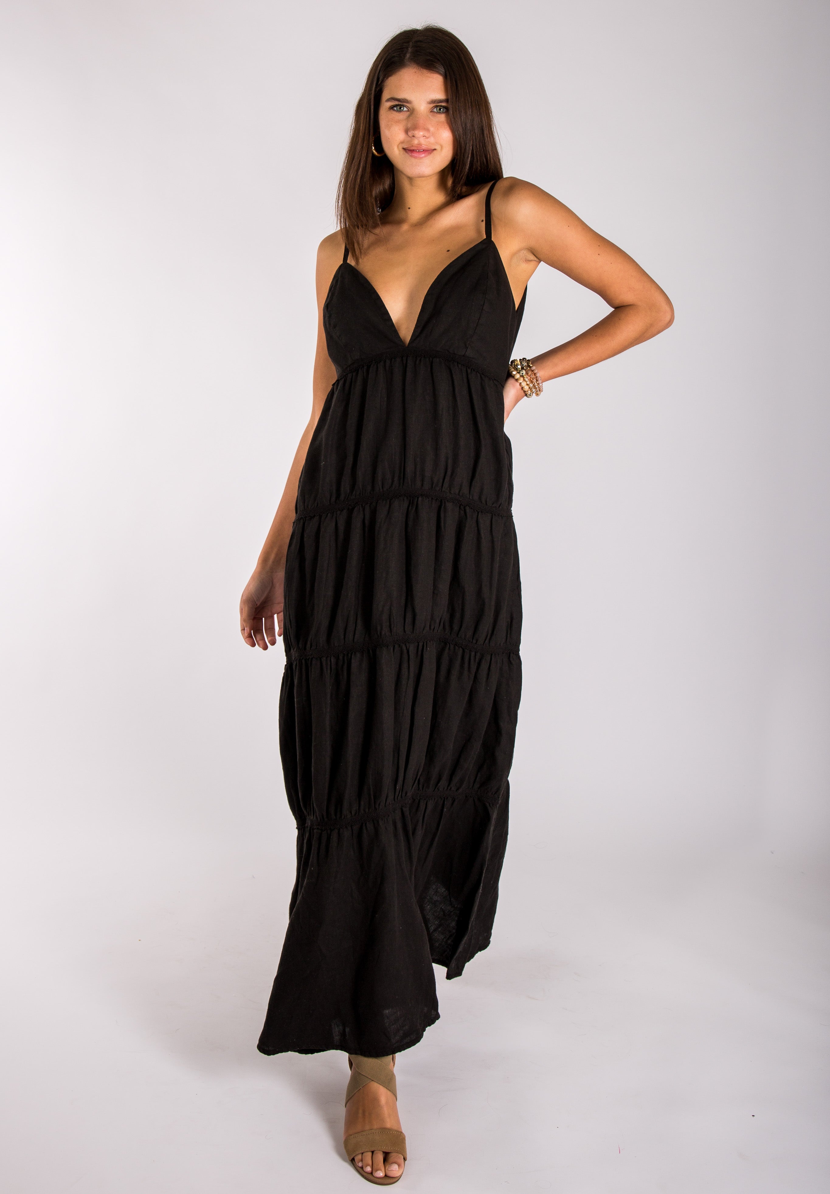 Long Back Linen Maxi Dress With Gold Button Closures