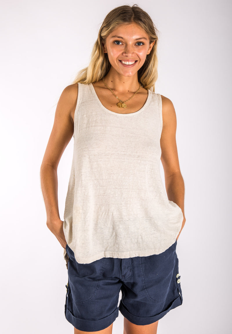 #8152 Plain Uneven Linen Tank Top in White Natural Italian Style Clothing 100% Natural Linen (Summer deal 50% Discount)