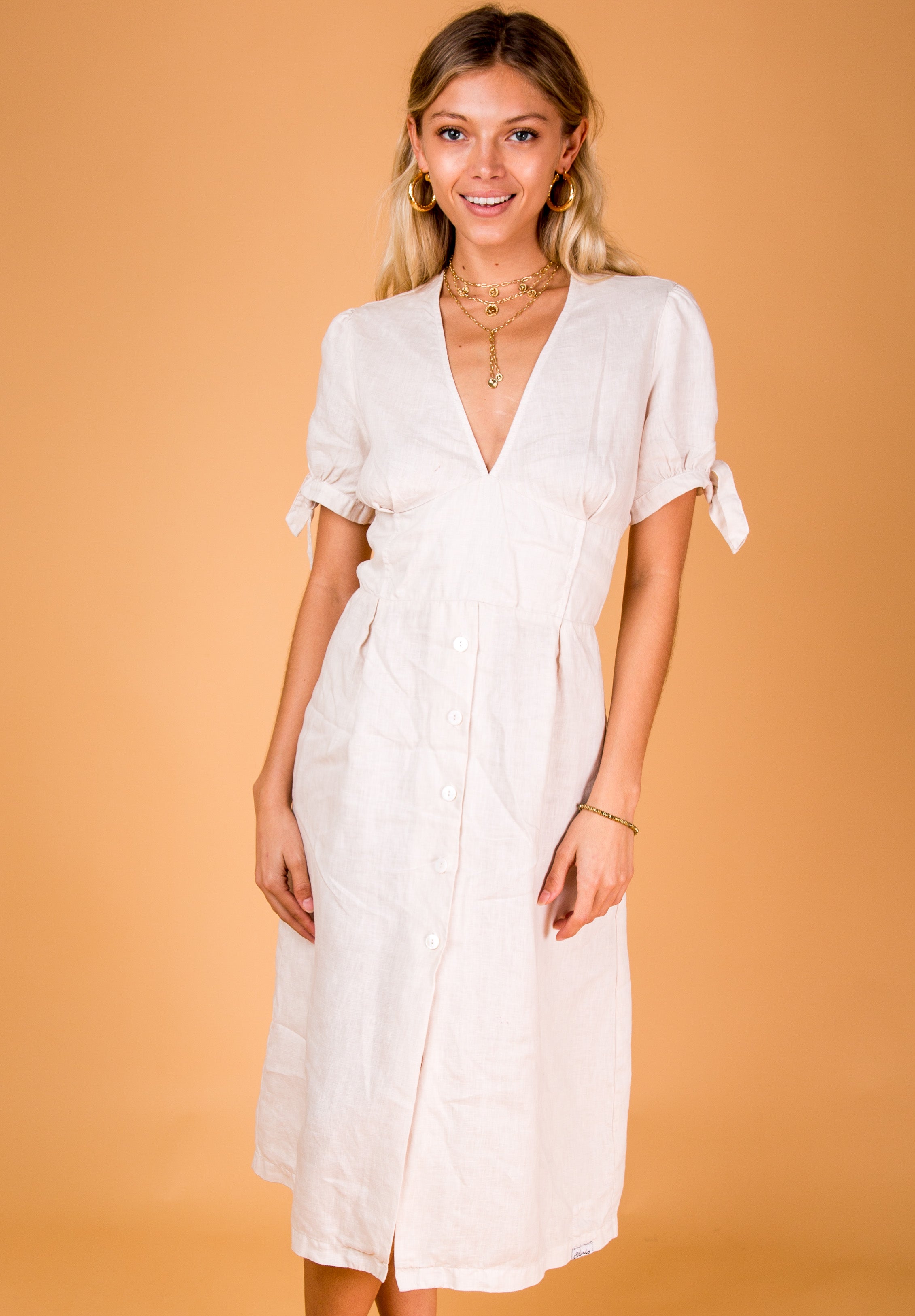 Deep-V Linen Dress With Button Details