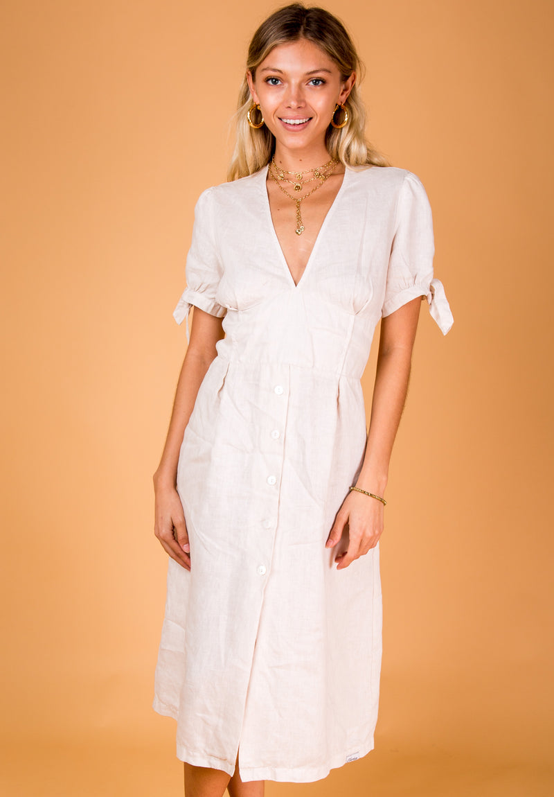 #8394 Linen Dress for Women - White, Aqua, Blue, Green All  100% Natural Italian Style Deep-V Dress With Button Details
