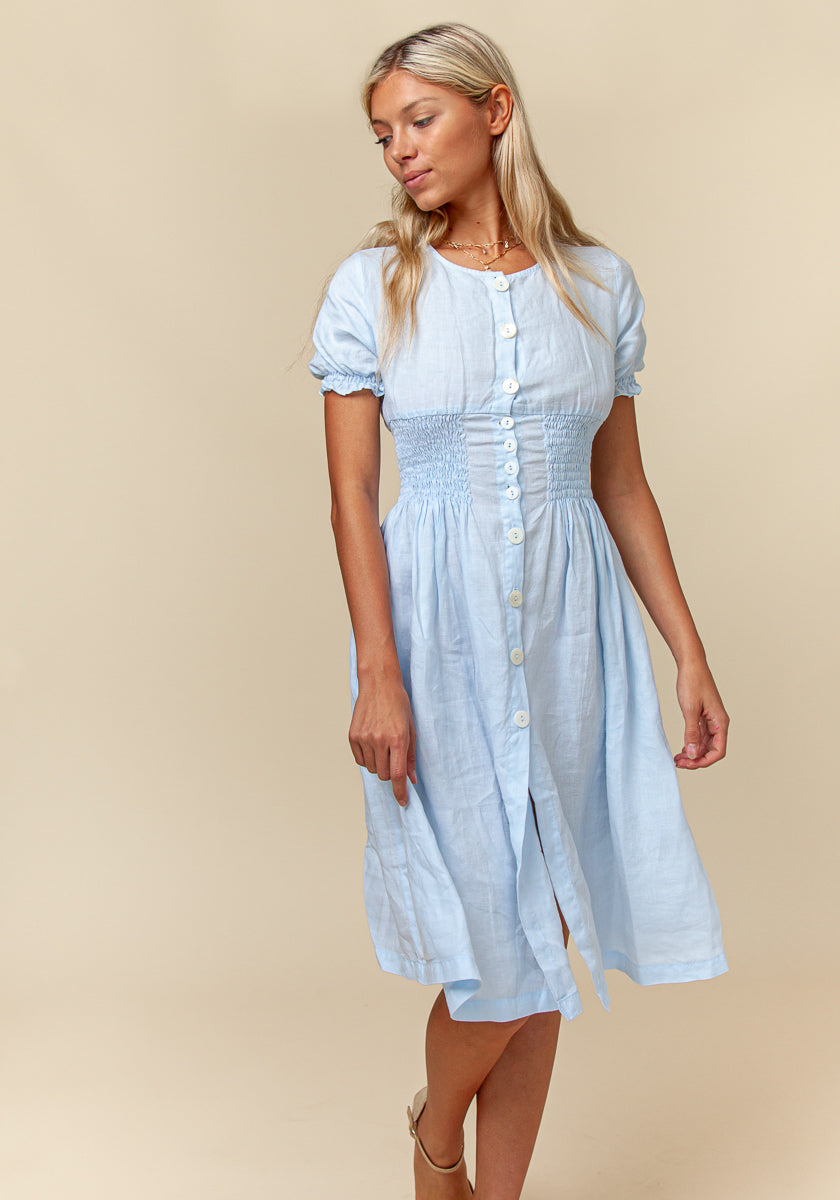 100% Linen Button Down Short Sleeve Peasant Dress S to XXXL - Claudio Milano