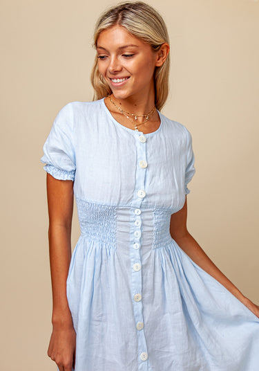 100% Linen Button Down Short Sleeve Peasant Dress S to XXXL - Claudio Milano 