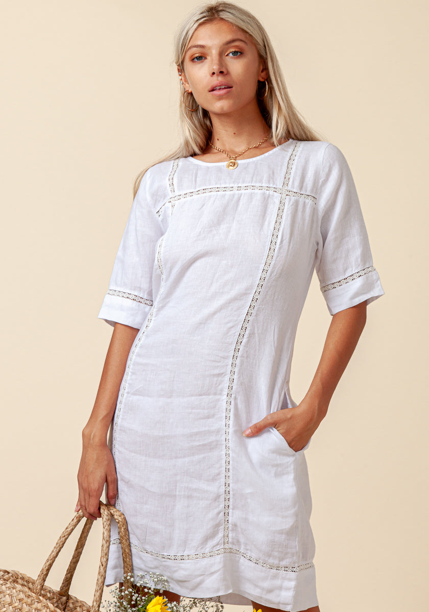 100% LINEN 3/4 SLEEVE DRESS WITH LACE DETAIL S to XXXL - Claudio Milano