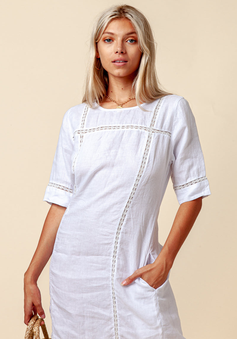Women's 3/4 Sleeve Linen Dress with Lace Detail