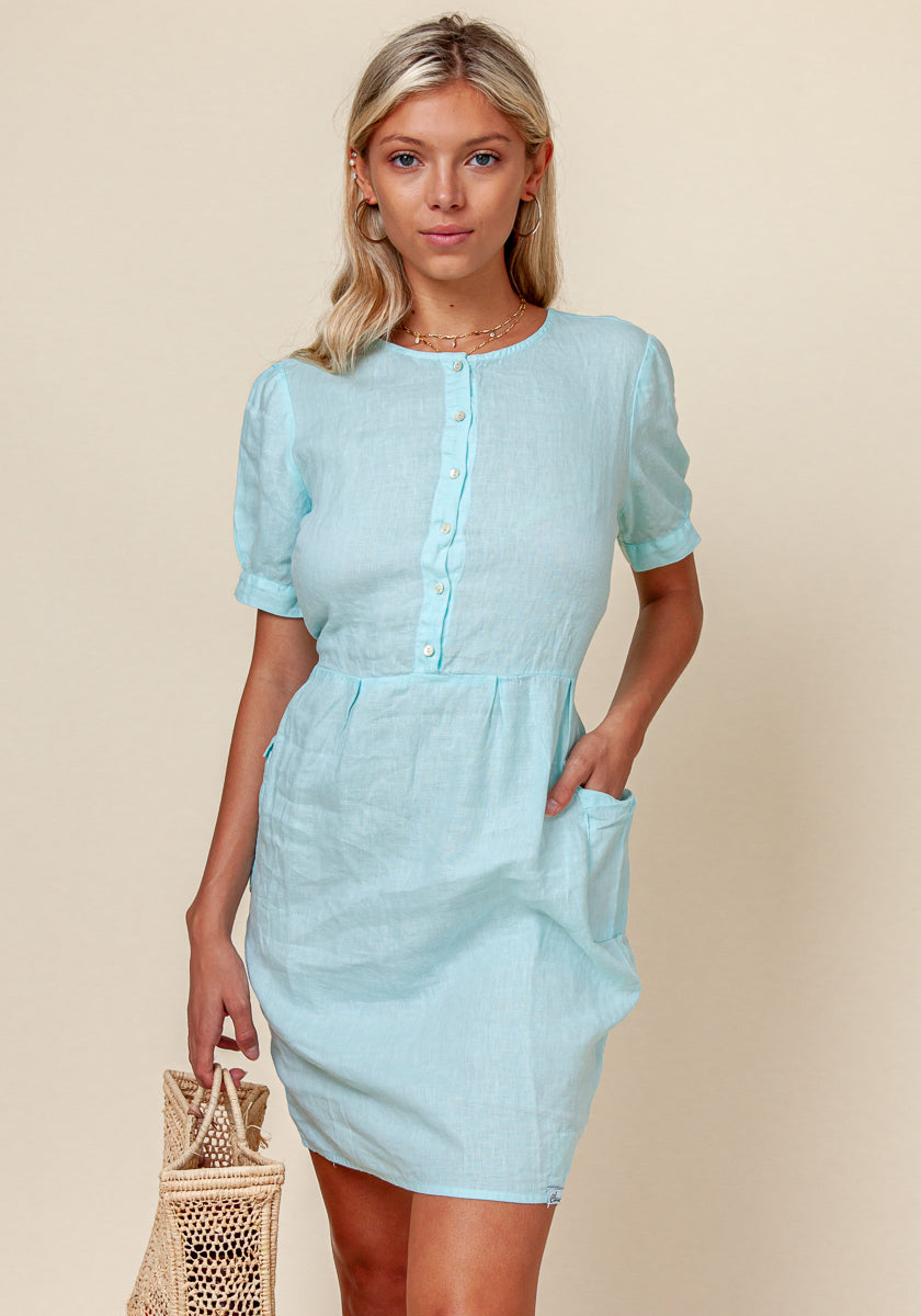 100% LINEN SHORT SLEEVE TEACUP DRESS WITH POCKETS S to XXXL - Claudio Milano